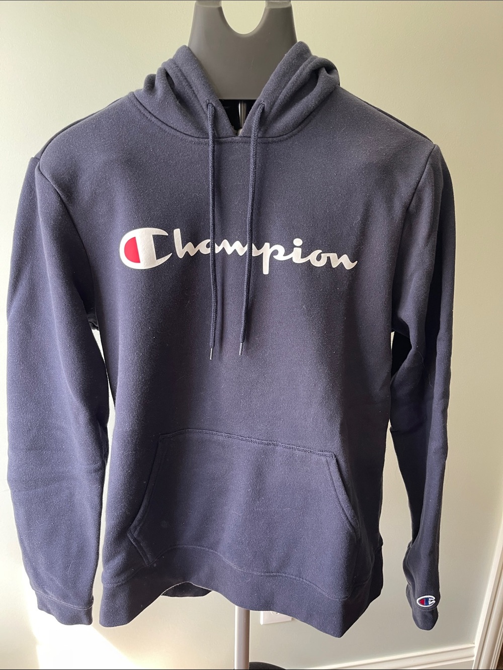 Champion Men's Dark Blue Script Logo Hoodie with Red Accent